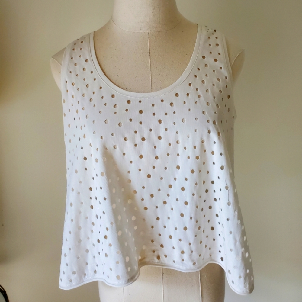 White loose fit wide strap tank top with punch holes